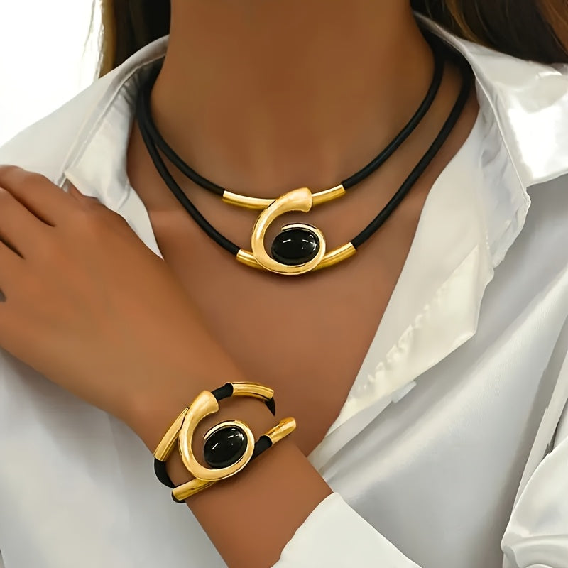 2pcs Bohemian Style Necklace And Bracelet Set Double Black Cord Design Fashion Jewelry Set for Women Party Accessory Perfect Gift